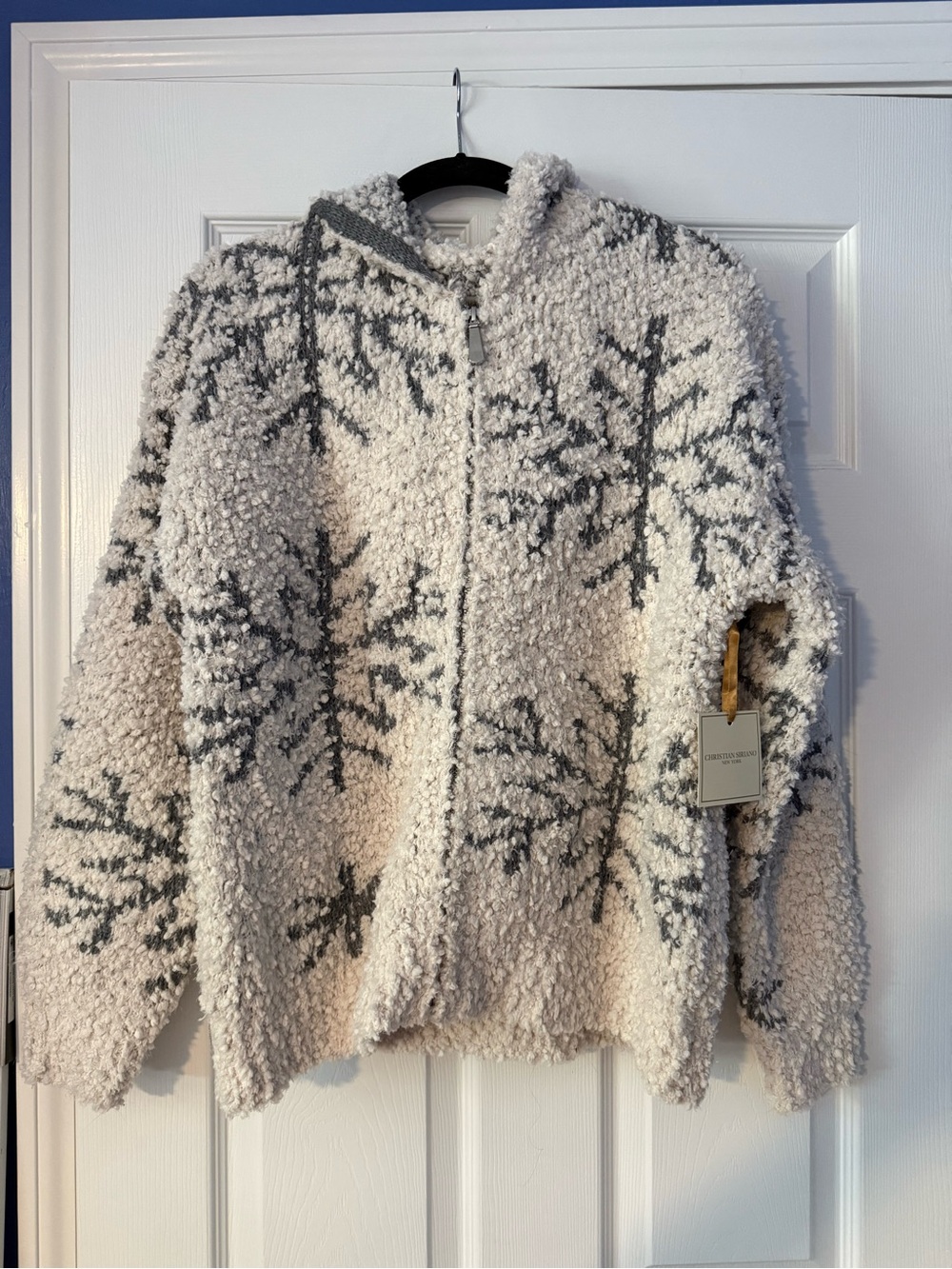 Christian Siriano Cream Sherpa Zip Hoodie with Gray Snowflake Motif